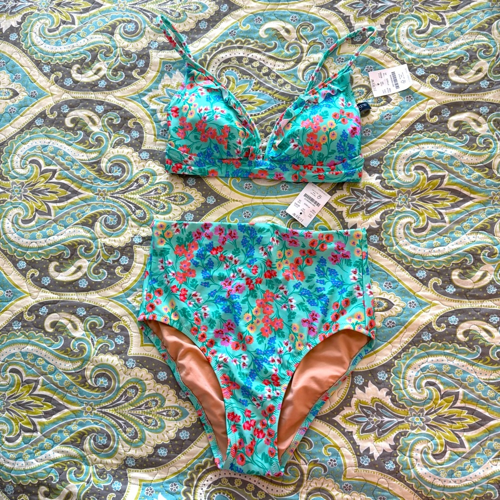 New J. Crew printed high waist bottoms ruffle top bikinis swim set XS FSM